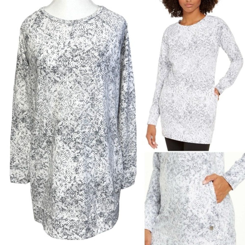 Soft Snakeskin Athletic Tunic Long Sleeve Top Pockets White Gray Size Medium